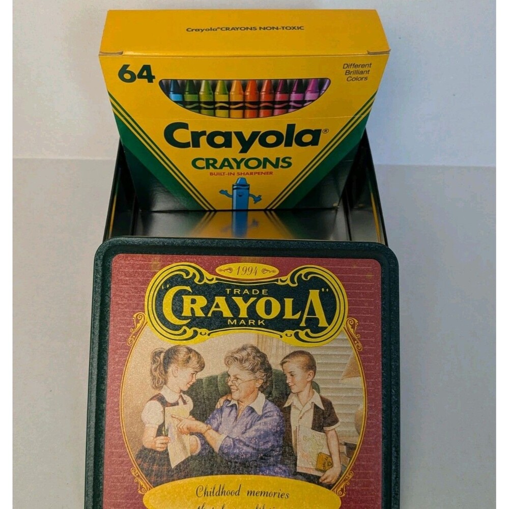 VTG 64 Count Crayola Crayons Sharpener 90s Anniversary Tin Gold Limited Retired